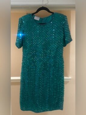 Womens Vintage Teal Green Sequined Cocktail 100% Silk Glamour Beaded Dress Sz 8.